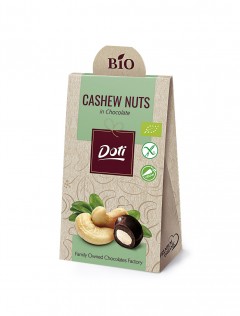 Organic chocolate-covered Cashews in a cardboard sachet 50g