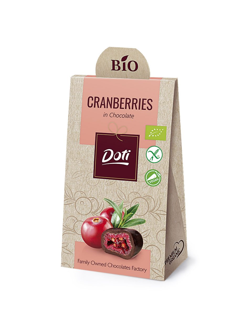 Organic chocolate-covered cranberries in a cardboard sachet 50g