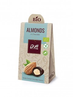 Organic chocolate-covered almonds in cardboard sachet 50g