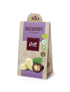 Dried mulberry fruits covered in organic chocolate in a cardboard sachet 50g